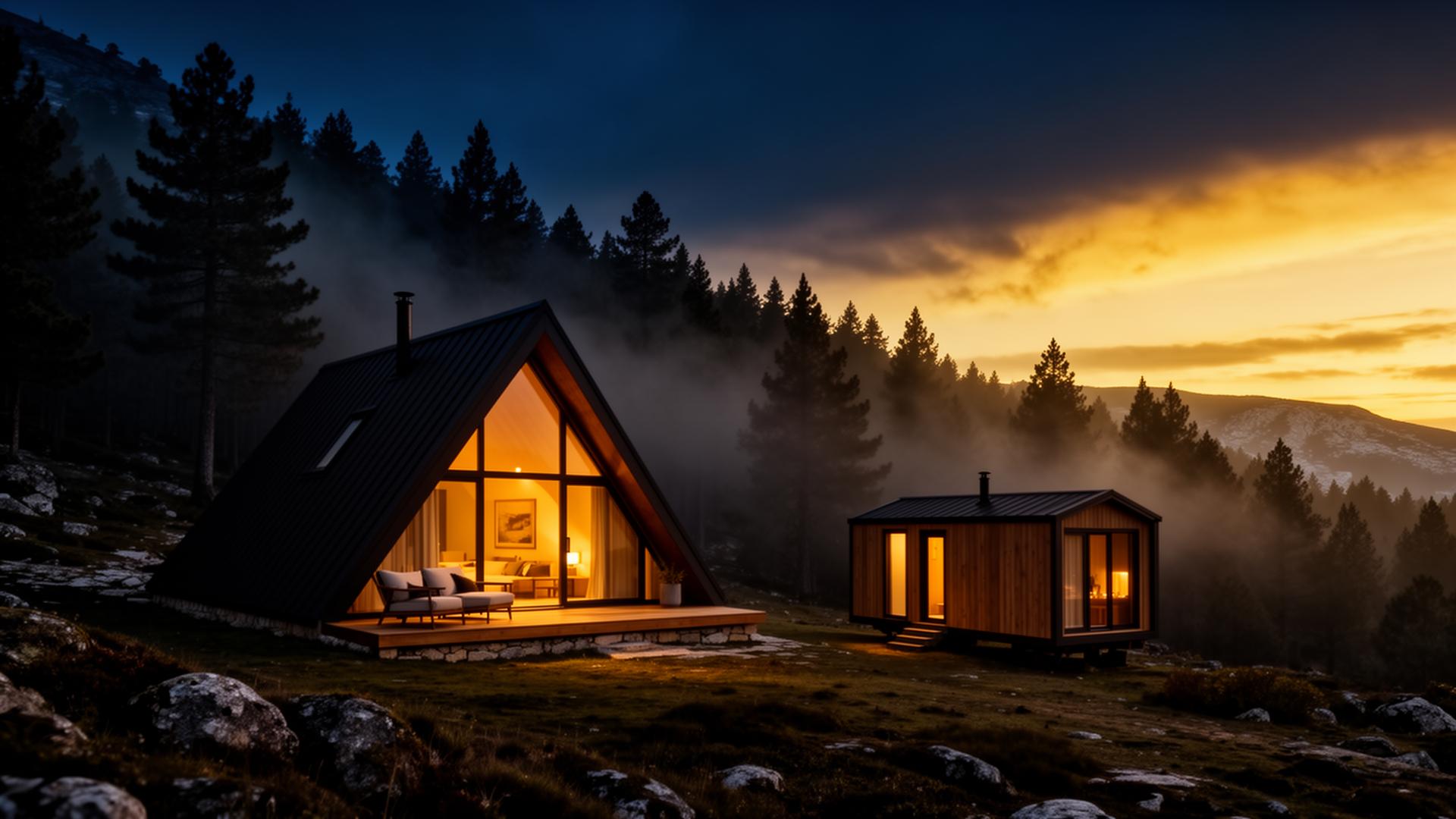 Cabana A-frame premium ao entardecer na Serra da Estrela